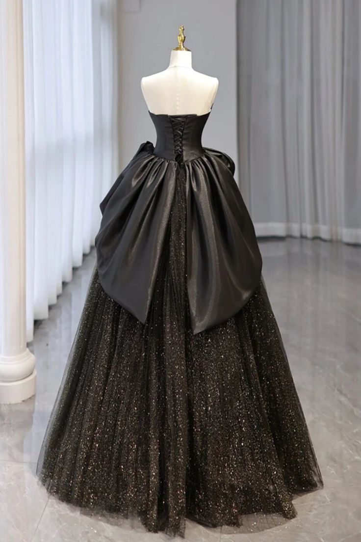 Shiny Black Tulle Strapless Long Prom Dresses, Black Tulle Formal Evening Dresses fg6373