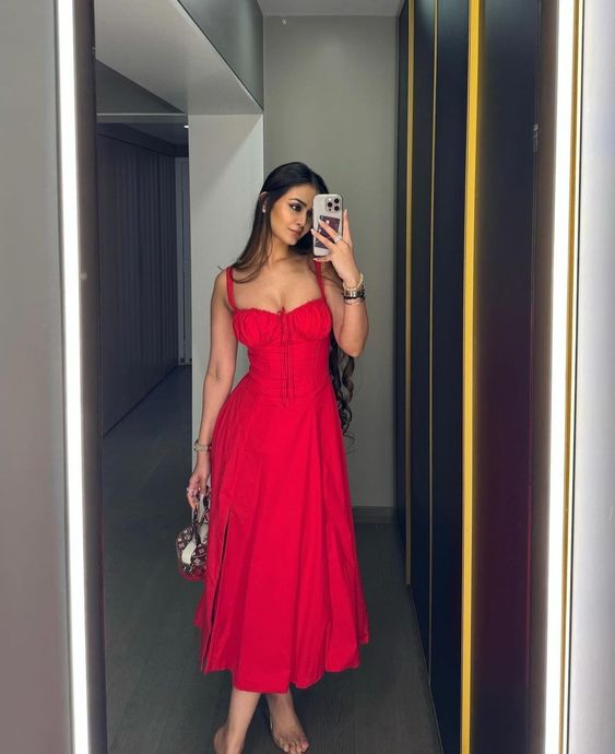 Elegant A Line Midi Dress Sexy Spaghetti Strap Red Holiday Party Dresses fg6795