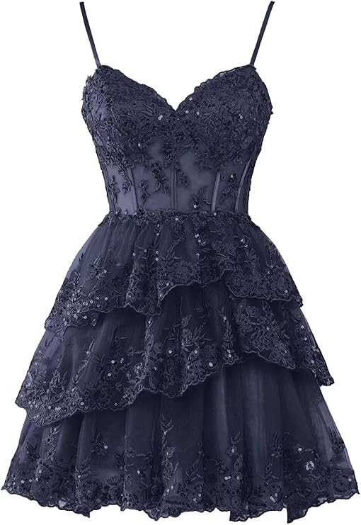 Navy Homecoming Dresses for Teens Tulle Lace Applique Tiered A-line Formal Short Mini Prom Dress fg6211