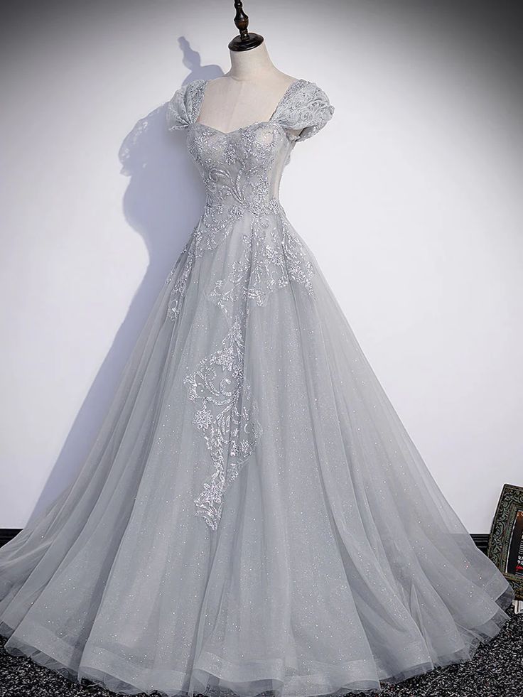 Gray Sweetheart Neck Tulle Lace Long Prom Dress, Gray Evening Dress fg6115