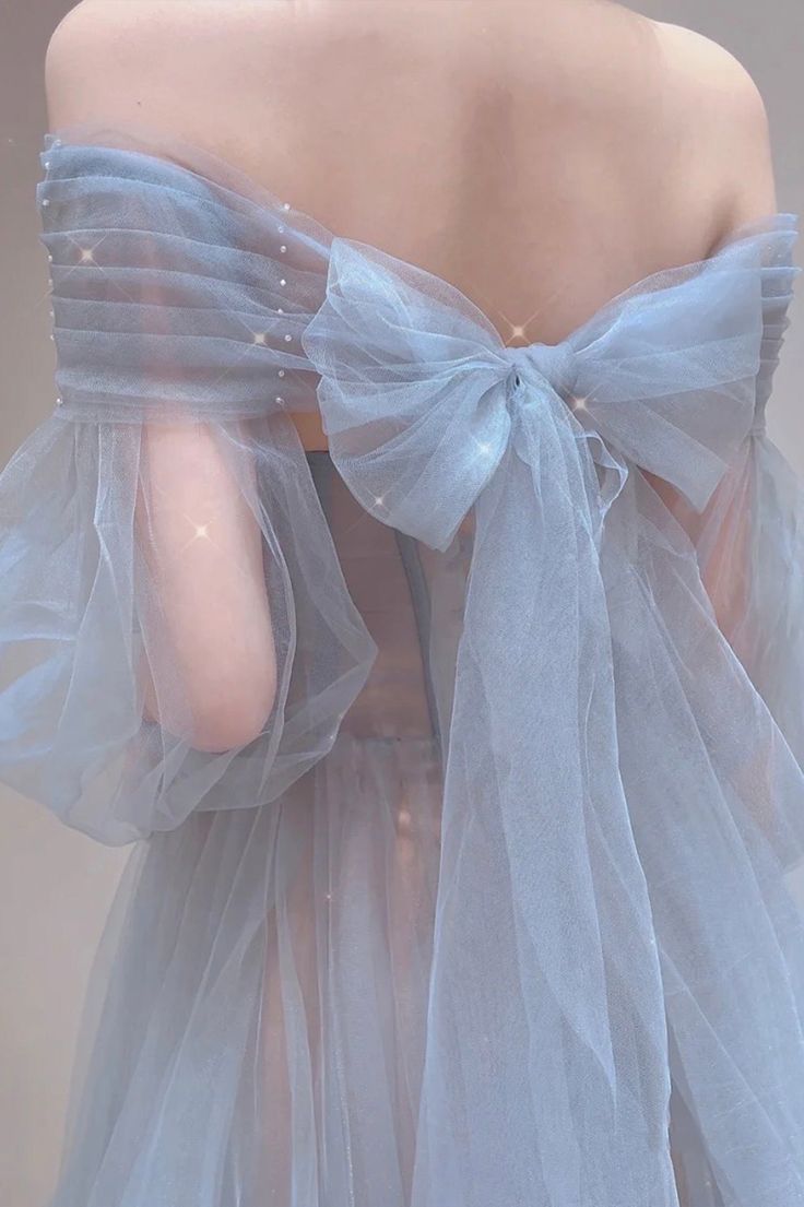 Blue Tulle Long Prom Dress, Beautiful Long Sleeve Tulle Evening Dress fg6142