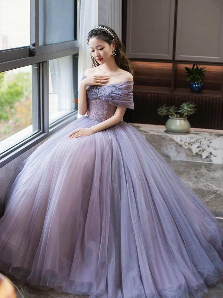 Purple A-Line Off Shoulder Tulle Beading Long Prom Dress fg6712