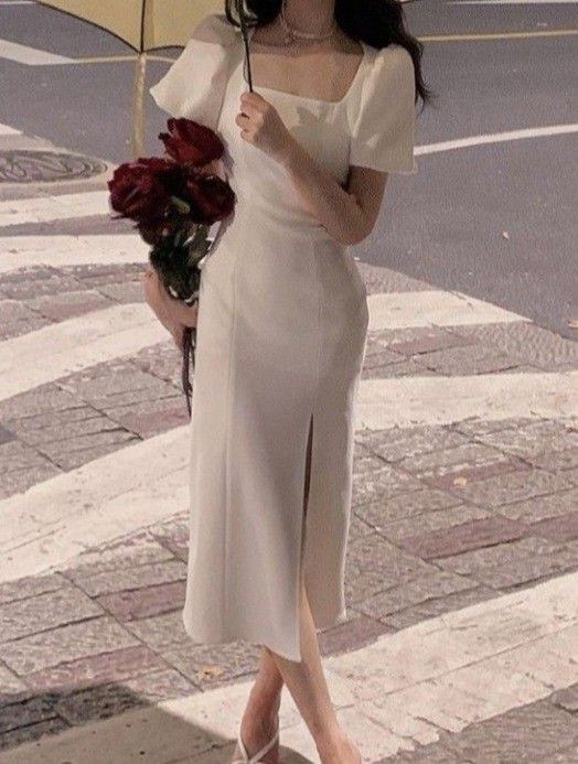 Square Neck Midi Prom Dress, White Evening Party Dress fg6032