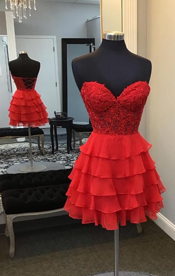 Red Lace Short Homecoming Dress with Chiffon Ruffle Skirt fg6006