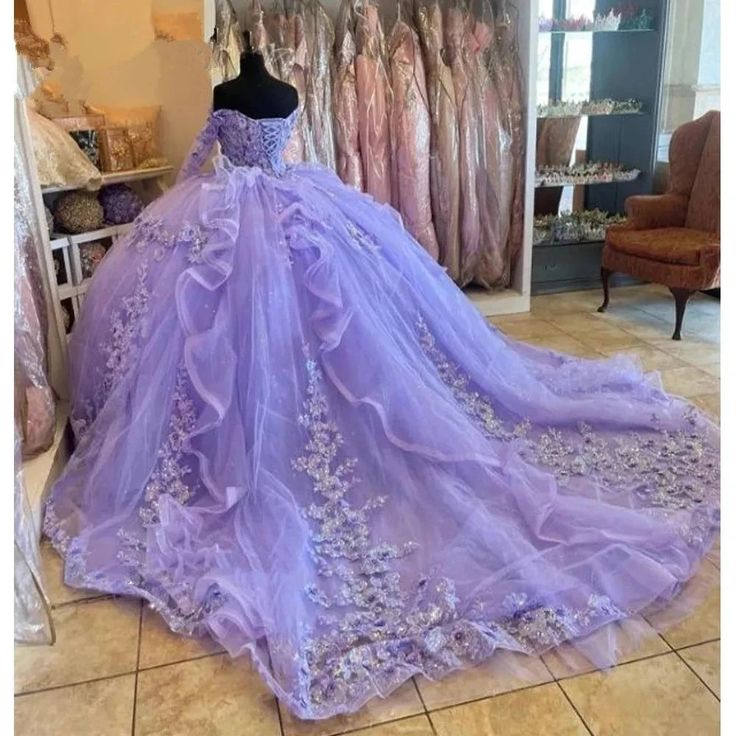 Lilac Quinceanera Dresses Long Sleeve 3D Flowers Appliques Lace-Up Prom Sweet 16 Princess Dresse Vestidos De 15 Anos fg5694