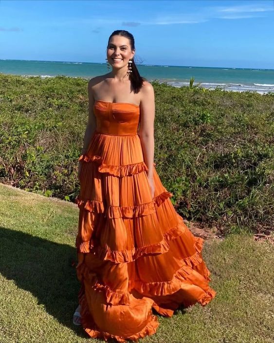 Strapless Burnt Orange A Line Layered Satin Long Prom Dress fg6178