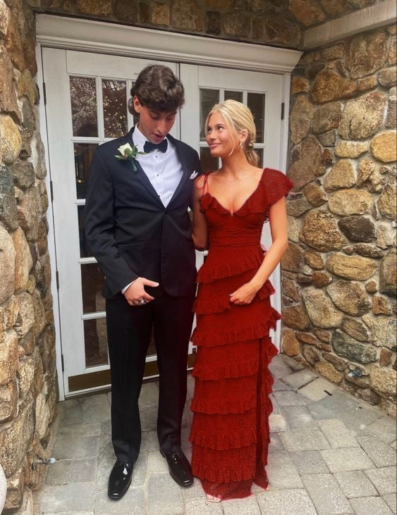 long red prom dresses, sexy lace evening dress with slit fg833