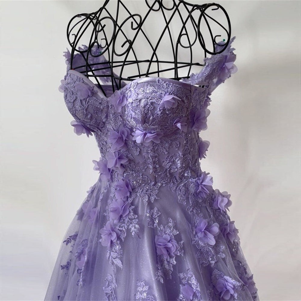 Lilac Sweetheart 3D Flowers Lace Applique Prom Dresses,Tulle Evening Dress fg3153