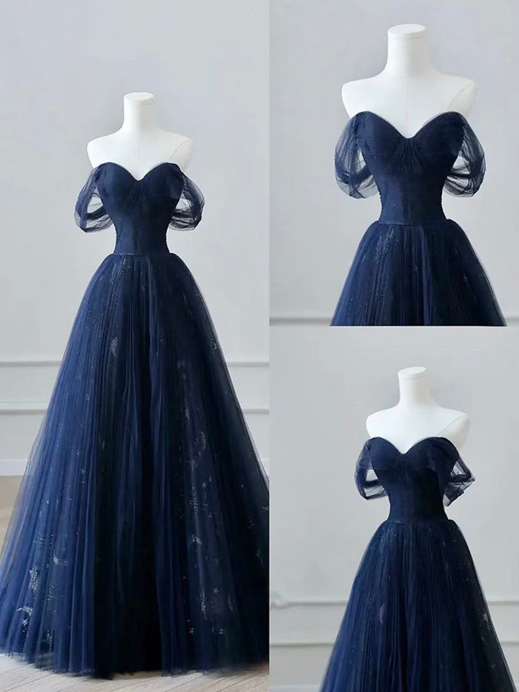 A-Line Off Shoulder Tulle Lace Dark Blue Long Prom Dress, Dark Blue Long Evening Dress fg6743
