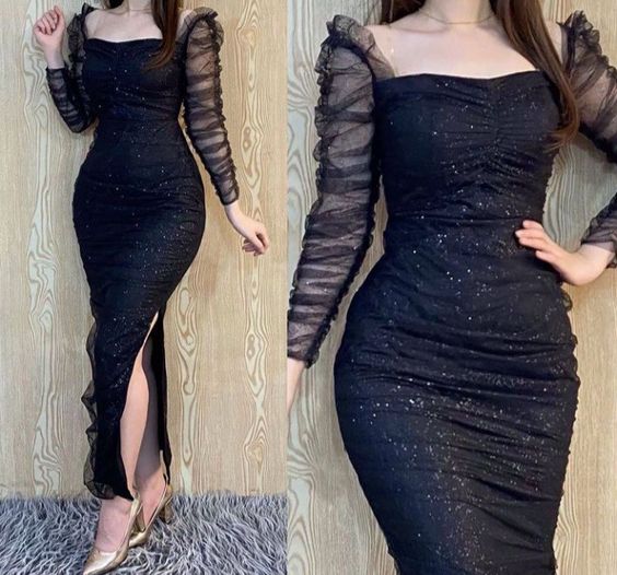 Sexy Sheath Black Off Shoulder Shinny Prom Party Dresses fg6384