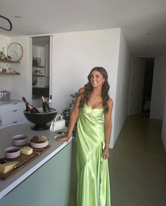 Green Birthday Party Dress Satin A Line Long Prom Dress With Slit fg5937