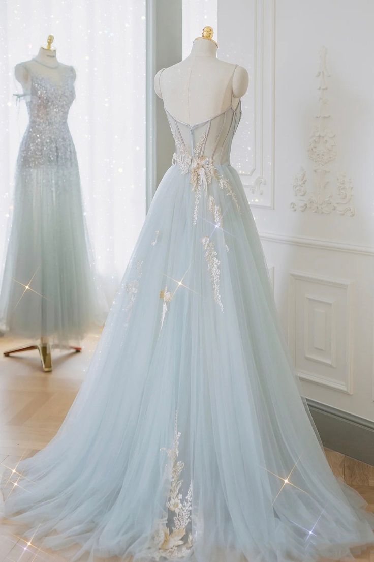 Blue Tulle Lace Long Prom Dress, A-Line Strapless Evening Dress fg5690