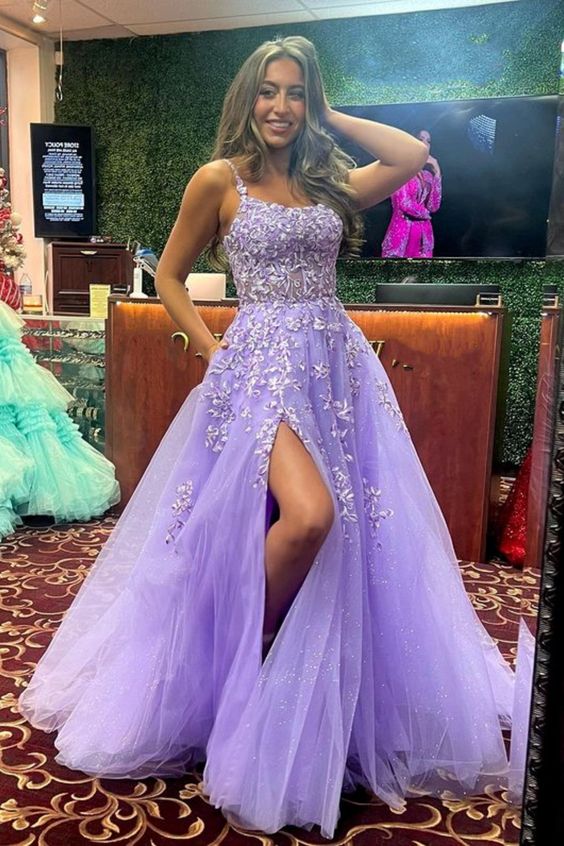 Shiny Purple Lace Long Prom Dress with High Slit, Purple Lace Formal Dress, Purple Evening Dress fg6217