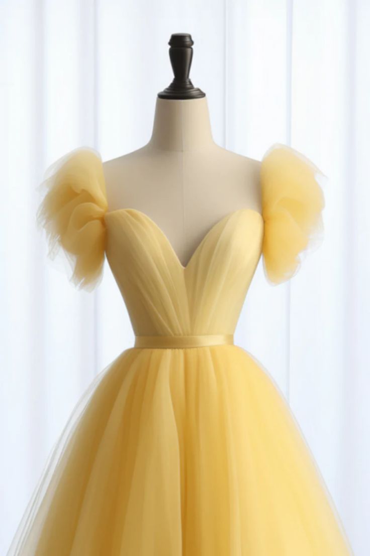 A Line Sweetheart Neck Tulle Yellow Long Prom Dress, Yellow Long Formal Dress fg5440