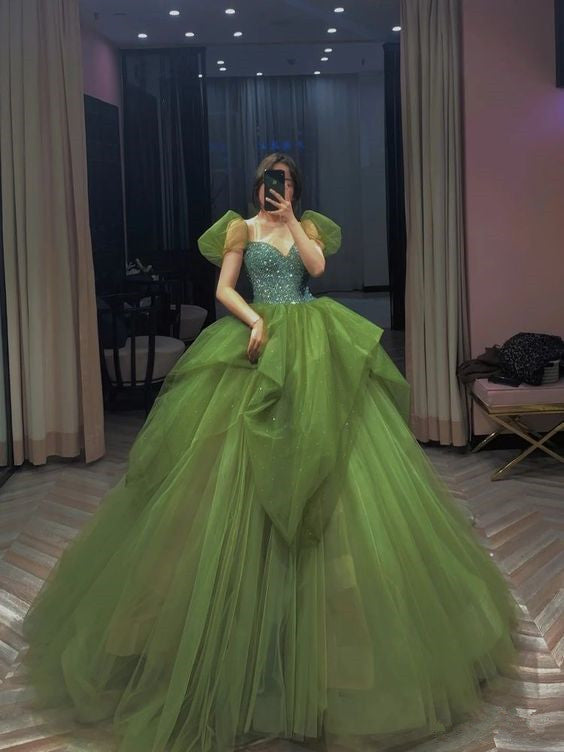 A-line Green Dress Tulle Long Prom Dresses Short Sleeves Evening Gowns fg5449