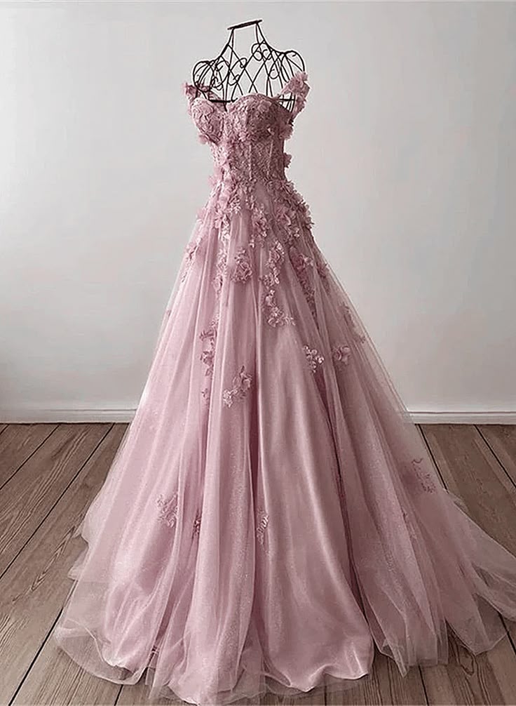 Lilac Sweetheart 3D Flowers Lace Applique Prom Dresses,Tulle Evening Dress fg3153