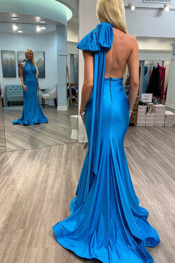 Royal Blue Halter Backless Mermaid Long Formal Dress Evening Dresses fg6157