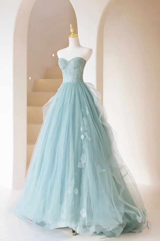 Cute Tulle Strapless Long Prom Dress, A-Line Lace Formal Evening Dress fg5441
