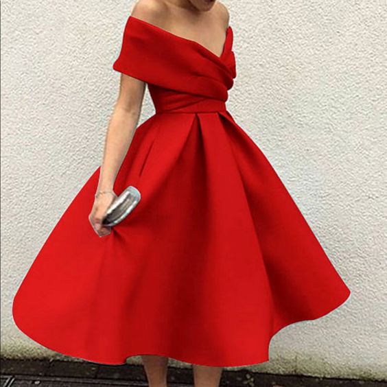 A Line Satin Wedding Guest Dresses Tea Length V-neck Off The Shoulder Prom Dress fg5888