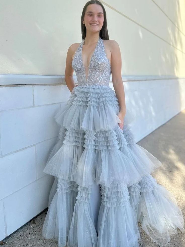 Halter V Neck Open Back Layered Gray Lace Long Prom Dresses, Gray Backless Lace Formal Evening Dresses fg6162