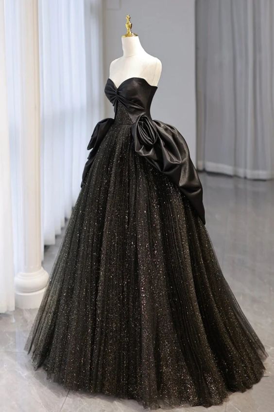 Shiny Black Tulle Strapless Long Prom Dresses, Black Tulle Formal Evening Dresses fg6373