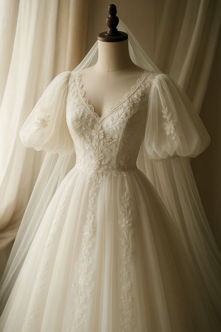 A Line Tulle Lace Puffy Sleeves Wedding Dress Bridal Dresses fg7794