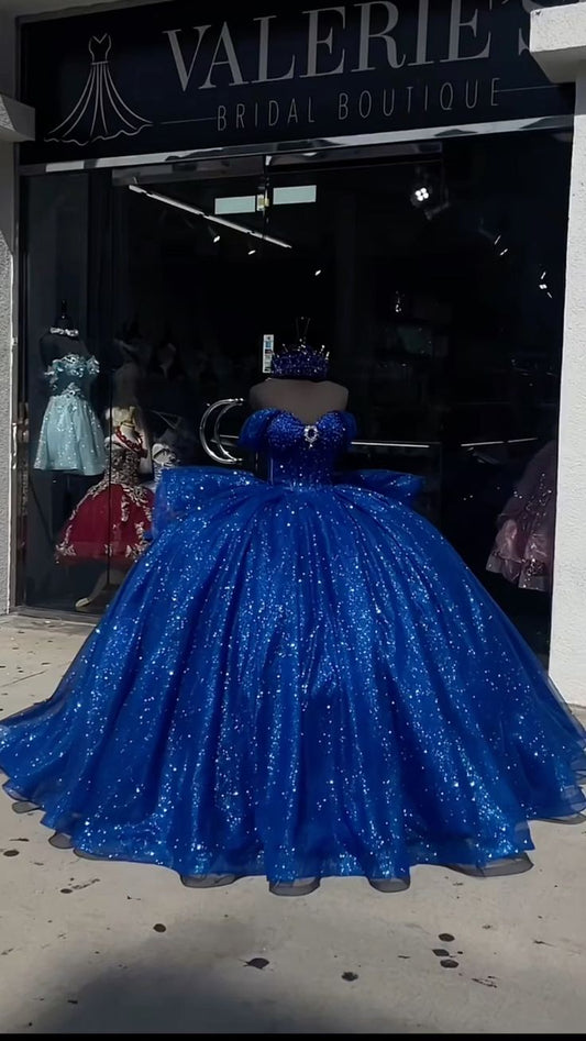 Royal Blue Quinceanera Dresses Off the Shoulder Shinny Tull Sweet 16 Vestidos   fg7510