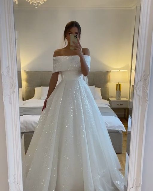 A-Line Sparkly Sequined Bride Dress For Women Off Shoulder Draped Tulle Formal Wedding Gown fg5960