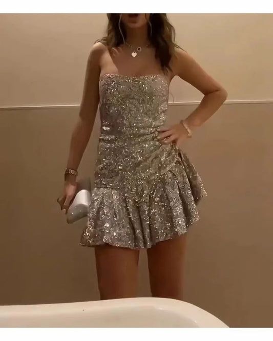 Vintage Sheath Strapless Layered Ruffle Mini Dresses Sequin Homecoming Dress fg7921