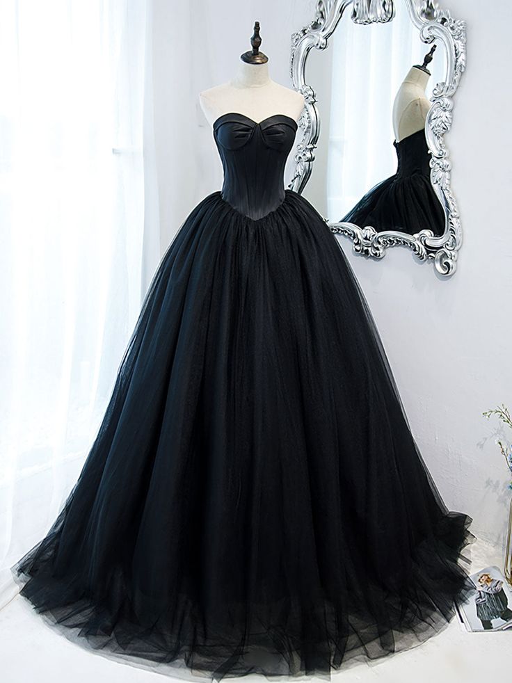 Black Sweetheart Neck Tulle Long Prom Dress, Black Formal Evening Dress fg5446