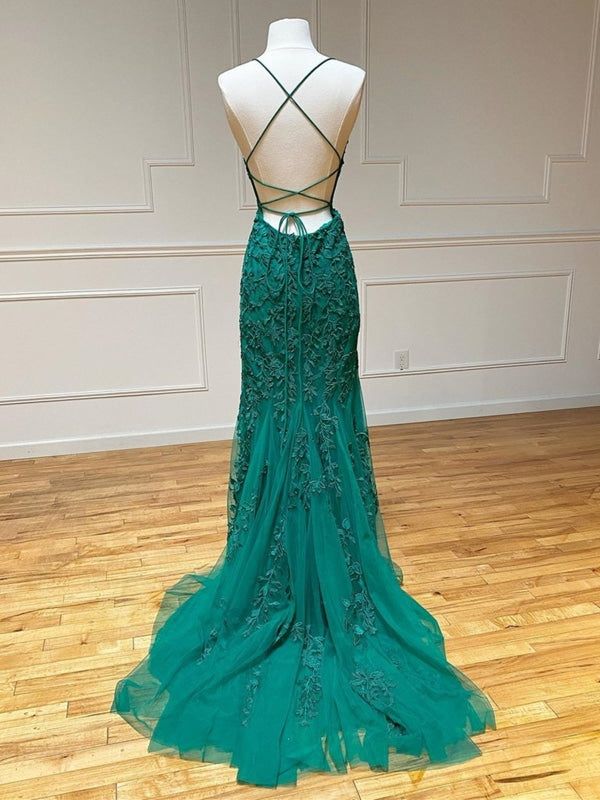 Mermaid Backless Green Lace Long Prom, Mermaid Green Formal, Green Lace Evening Dress fg5833