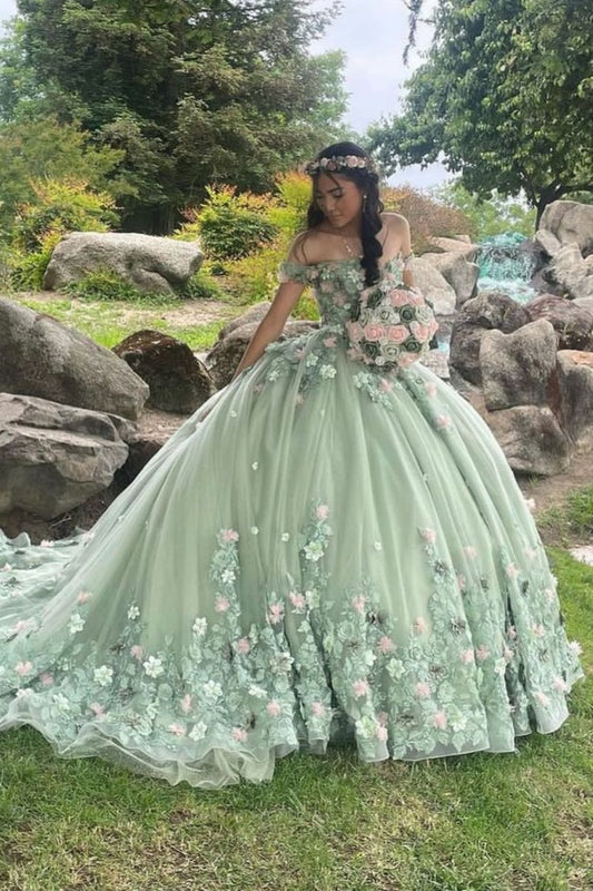 Sage Green Quinceanera Dress Off-Shoulder Applique Lace Beaded Tulle Ball Gown for Sweet 16 & 15   fg8093