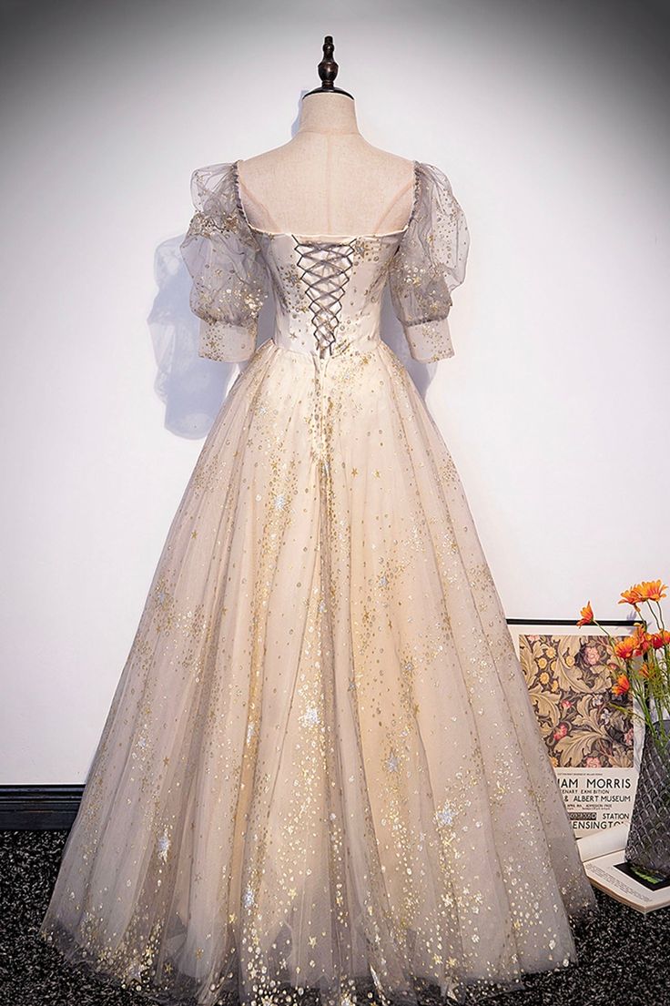 Champagne Tulle Sequins Long Prom Dress, Cute 1/2 Sleeve Party Dress fg5450
