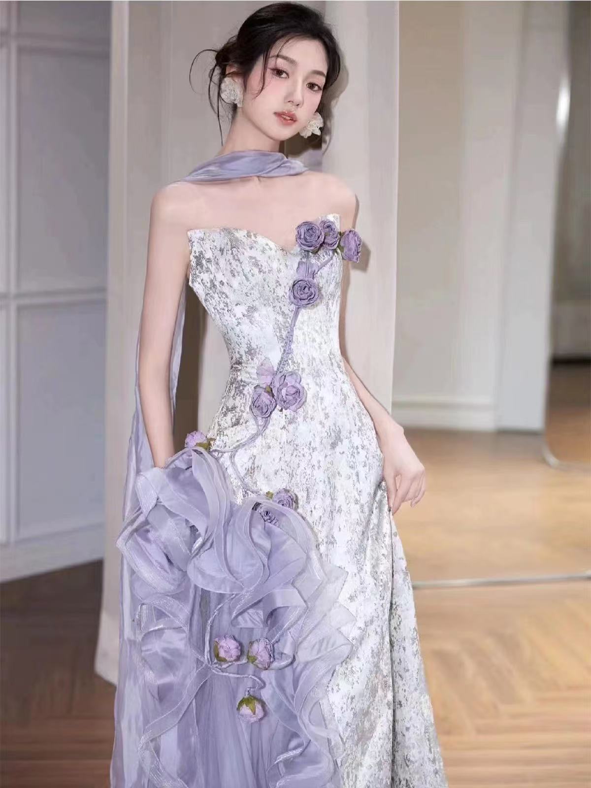 Lilac Strapless Long Prom Dresses Vintage Formal Evening Dress fg7589