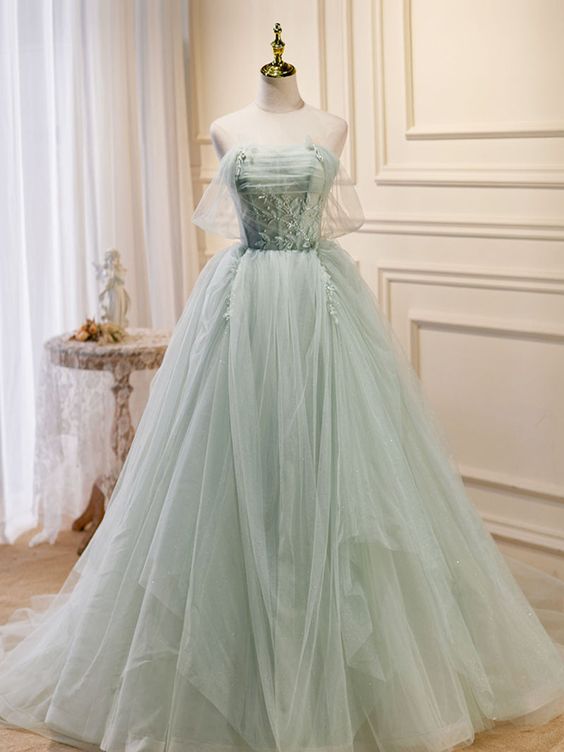 A-Line Off Shoulder Tulle Green Long Prom Dresses, Green Formal Dress with Beading fg5475