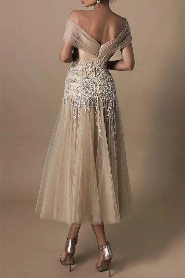 Elegant Lace Appliques Women's Prom Dress Fashion Off Shoulder A-line Princess Sleeveless Dress fg5605