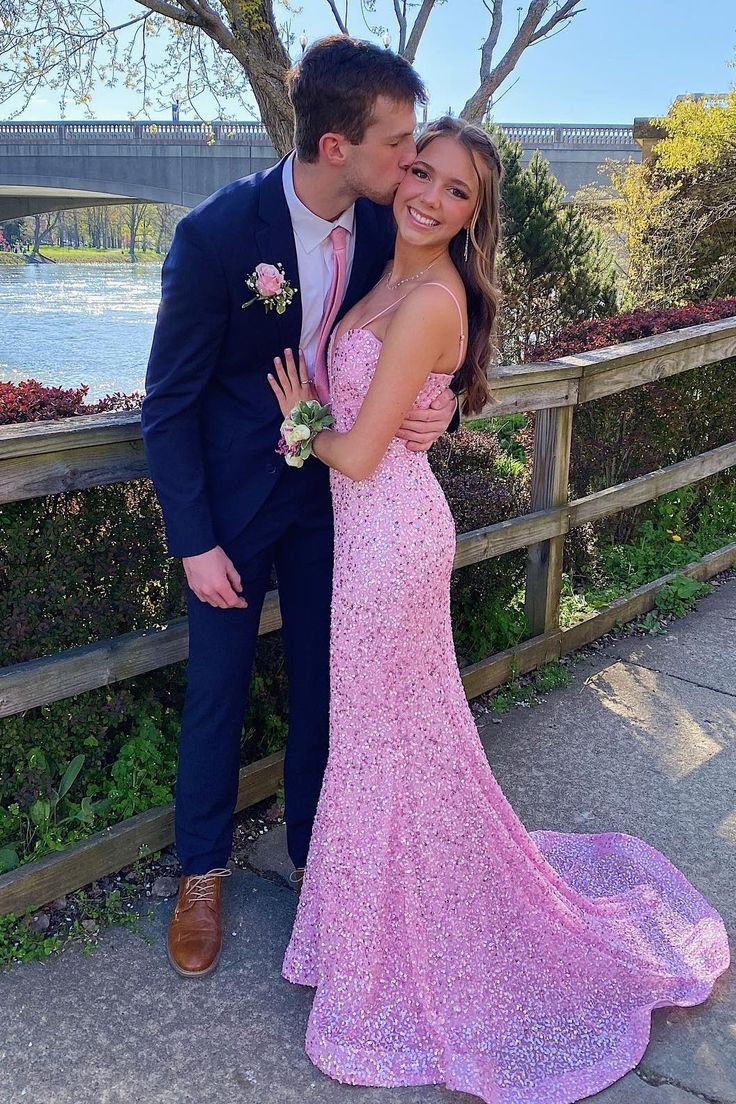 Straps Pink Sequin Mermaid Long Formal Dress fg5559