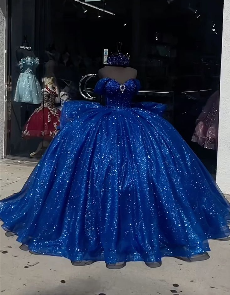 Royal Blue Quinceanera Dresses Off the Shoulder Shinny Tull Sweet 16 Vestidos   fg7510