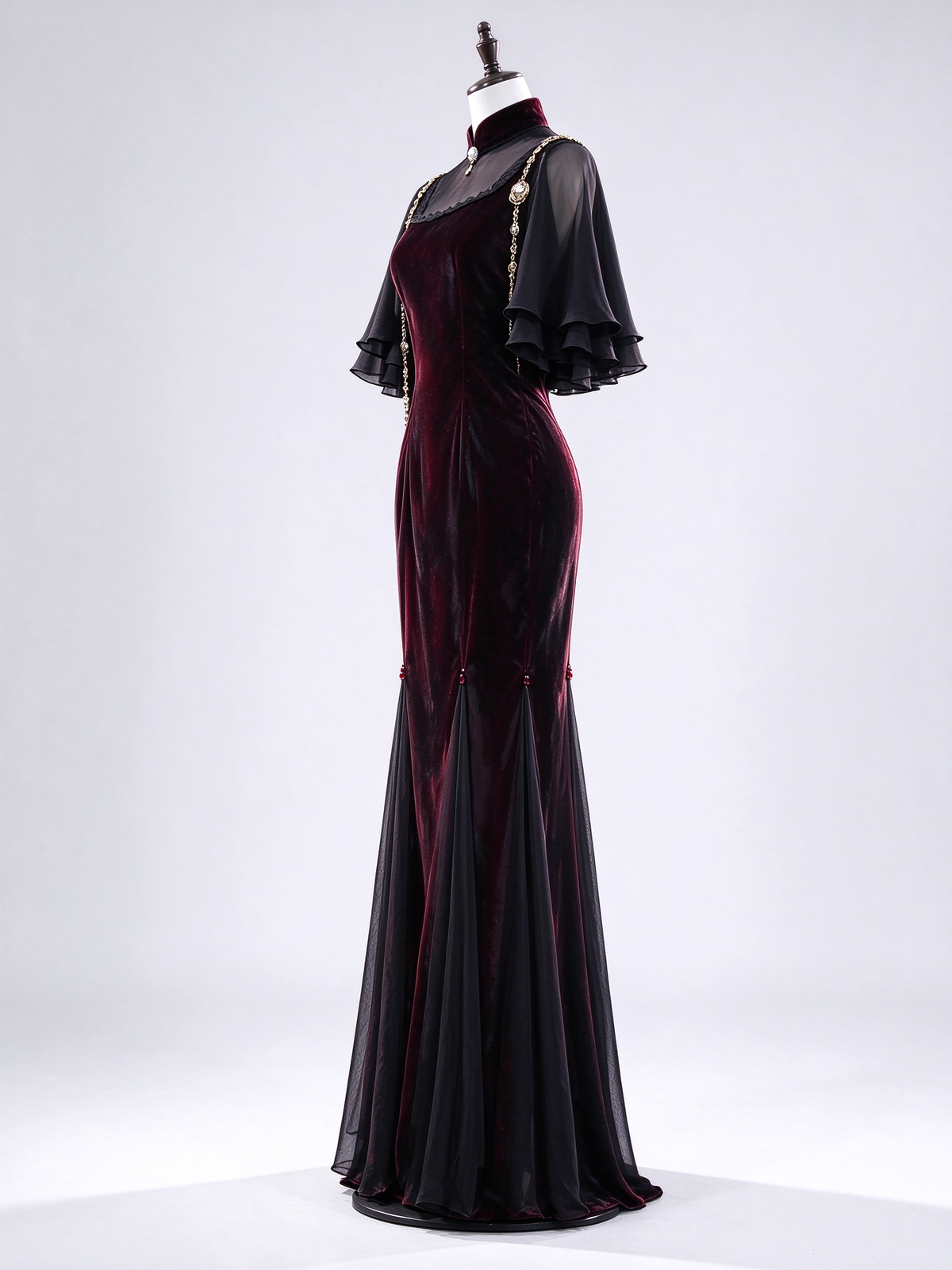 Burgundy Velvet Mermaid Evening Gown, Stand Collar, Chiffon Flutter Sleeves With Chain Decor fg8990