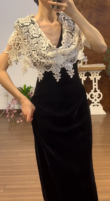 Black Mermaid Prom Party Dress White Lace Evening Dress Birthday Outfit fg8714