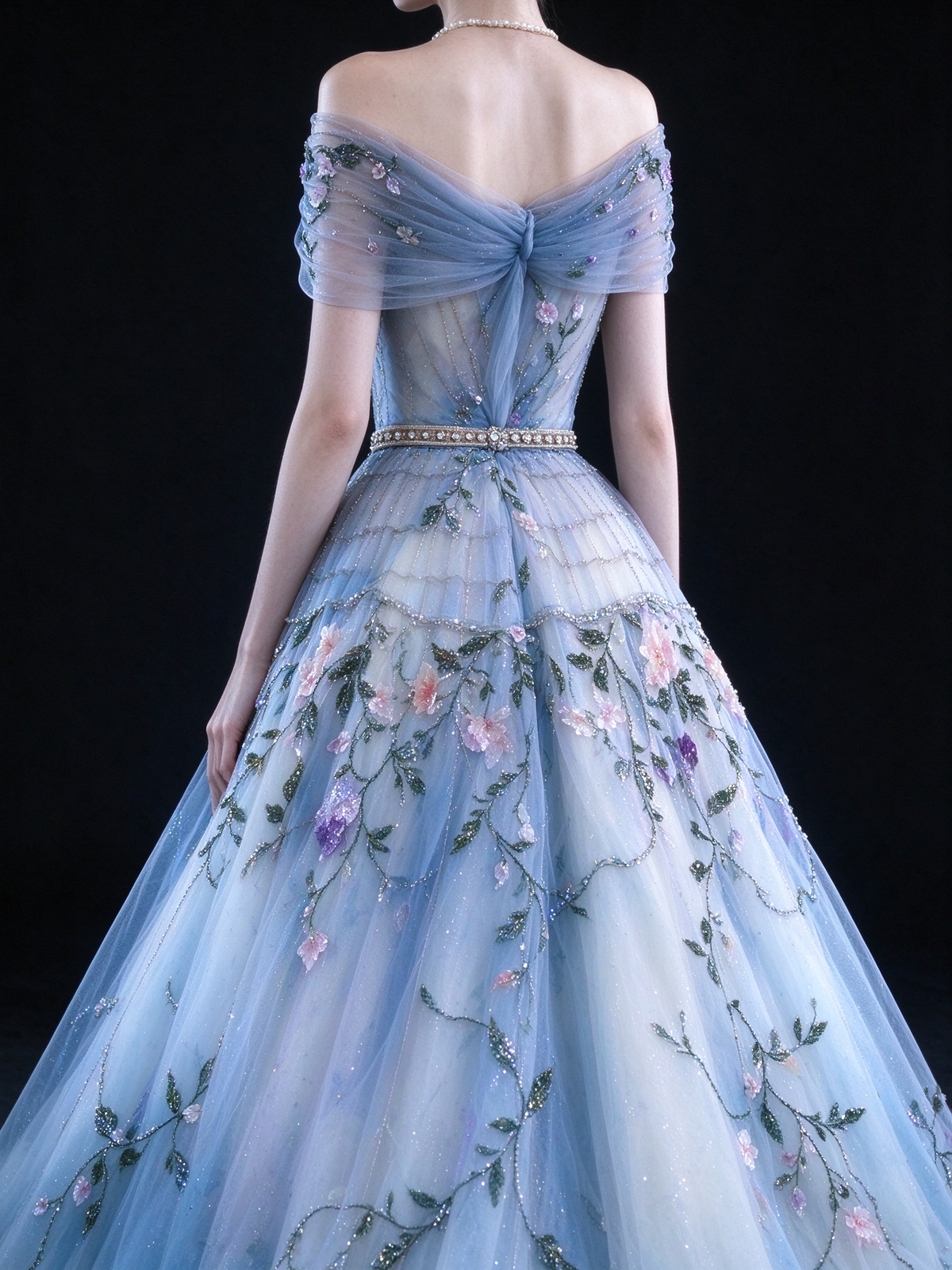 Light Blue Off-the-Shoulder Ball Gown, Sheer Corset Bodice With Beading, 3D Floral Embroidery Tulle Skirt, fg9001