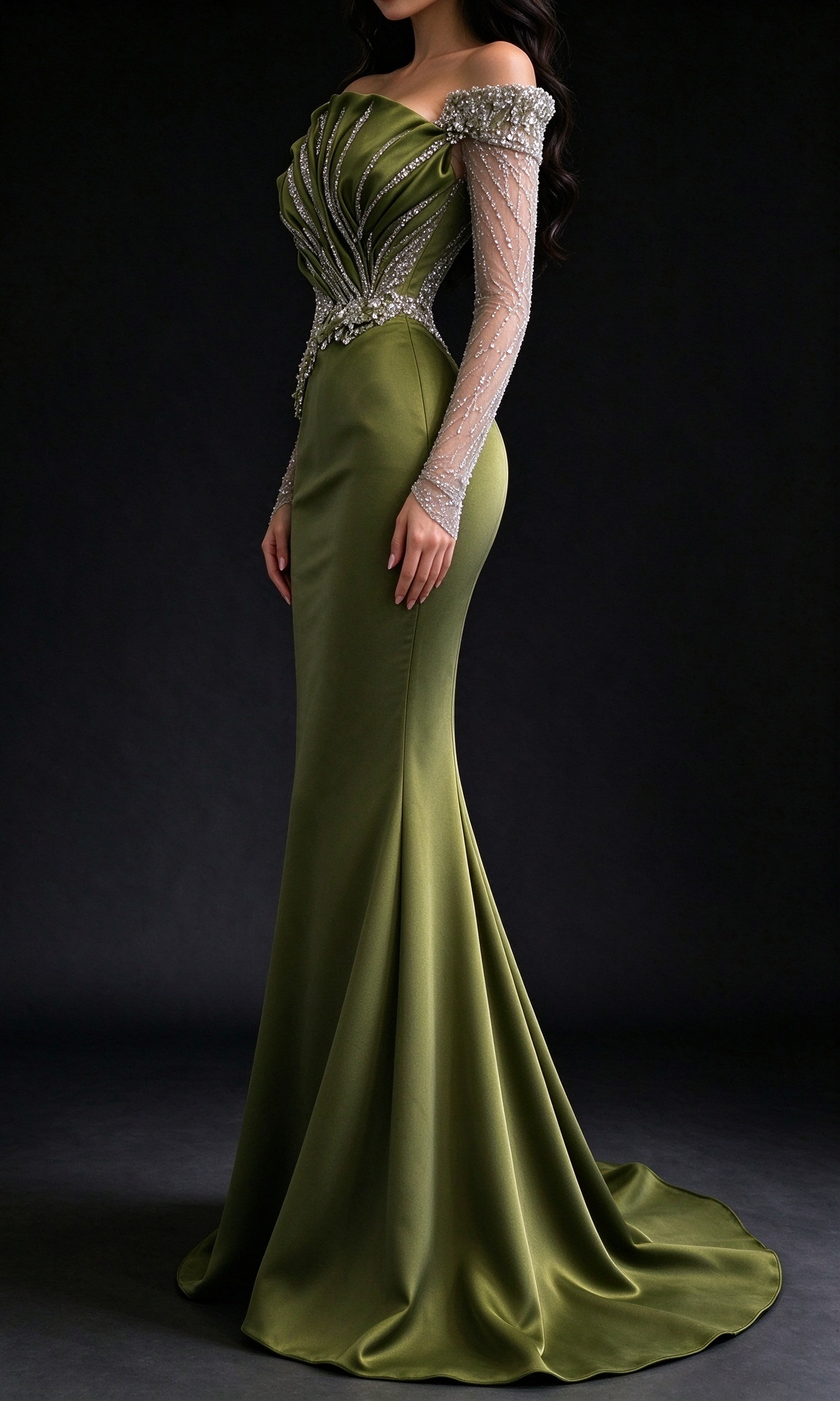 Olive Green Off Shoulder Satin Mermaid Evening Dress with Beaded Sheer Long Sleeves fg9033