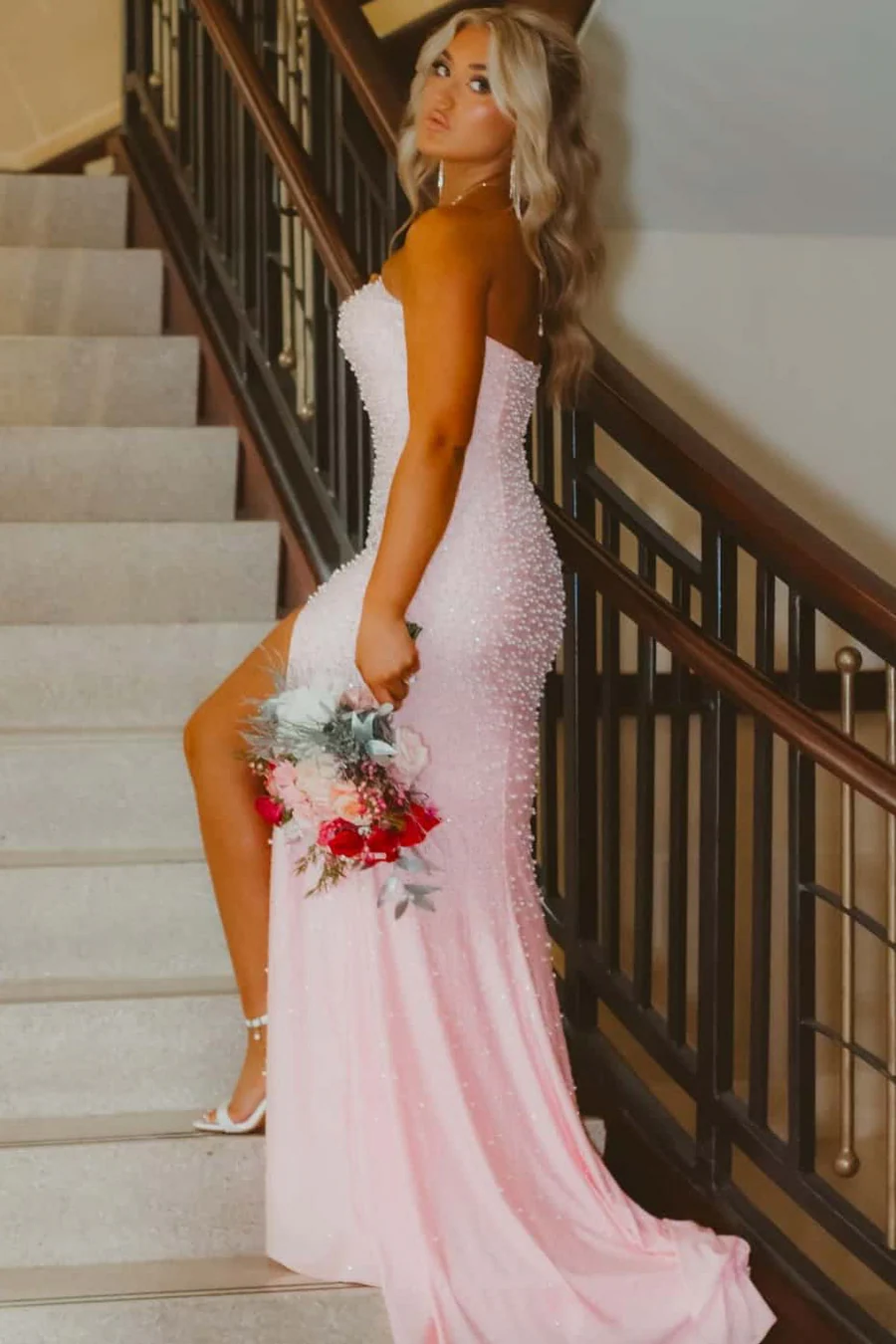 Pink Strapless Beaded Scoop Side Slit Mermaid Long Prom Dress fg8304