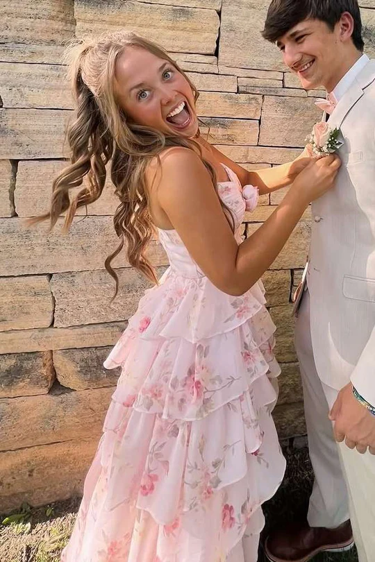 Pink A-Line Strapless Empire-Waist V-Neck Ruffles Print Prom Dress fg8301