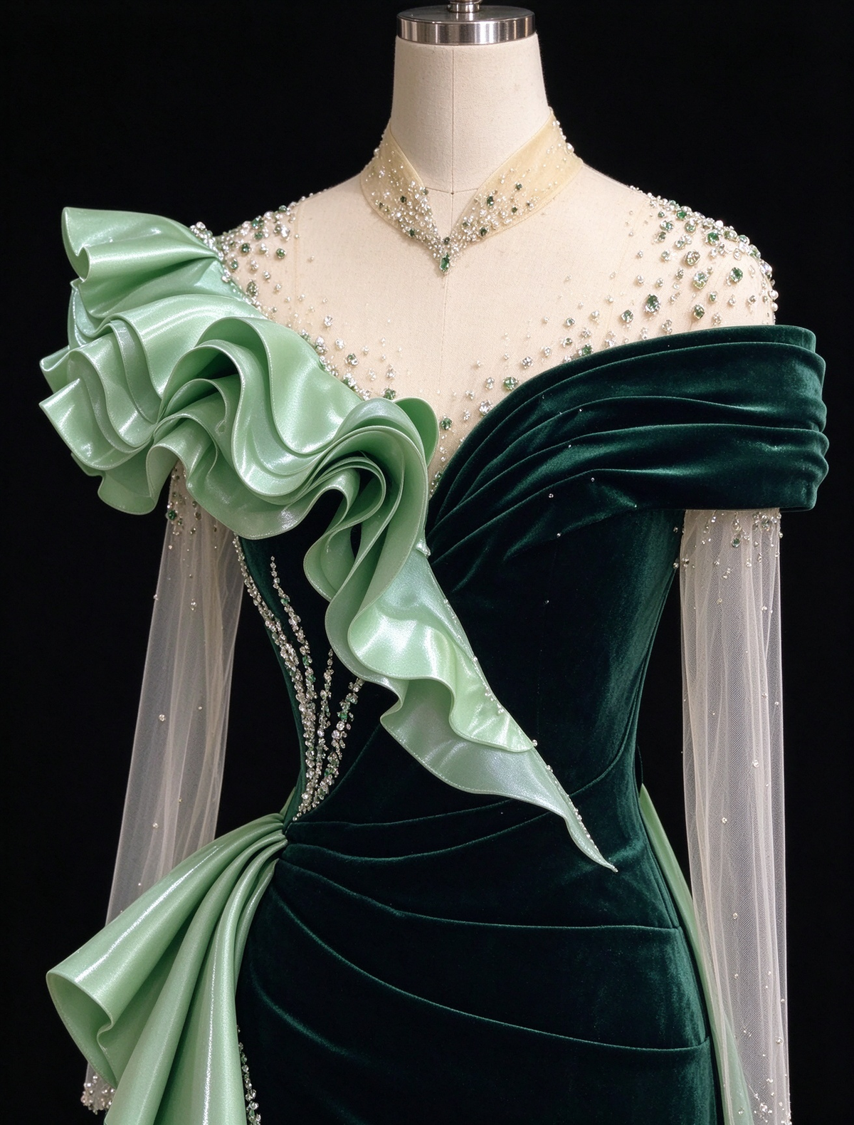 Dark Green Velvet Mermaid Evening Gown With Light Green Ruffled Satin, Beaded Illusion Neck & Sheer Tulle Sleeves fg8987