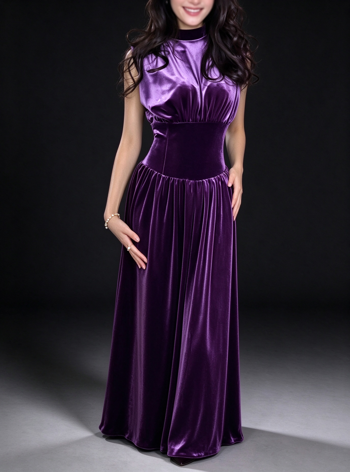 Elegant High Neck Sleeveless Purple Velvet Gathered Waist Evening Gown For Formal Banquet fg9006
