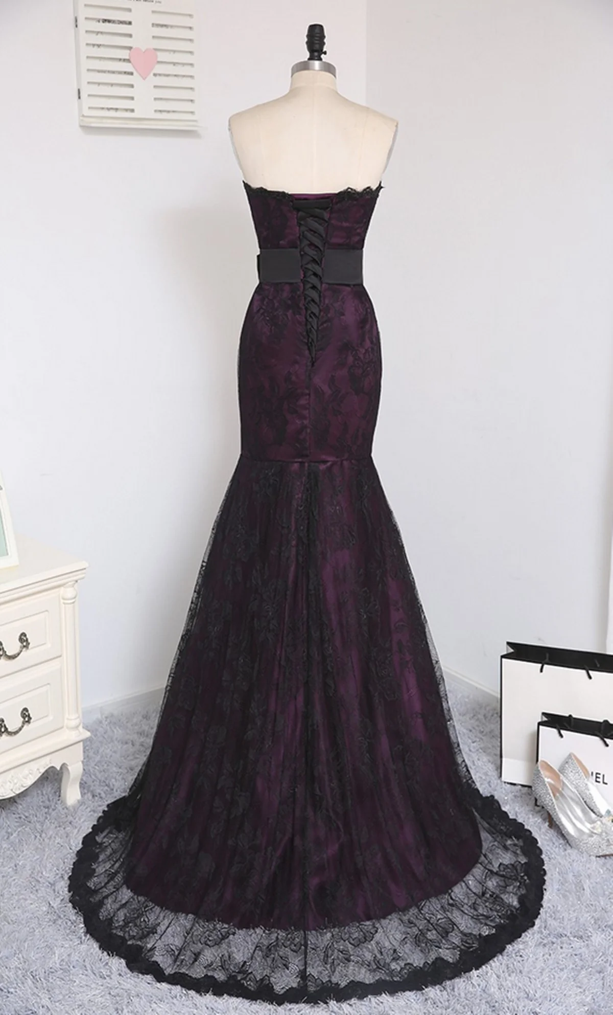Gothic Purple and Black Lace Mermaid Prom Gown, Strapless Floor-Length Party Dress Evening Dress fg8734