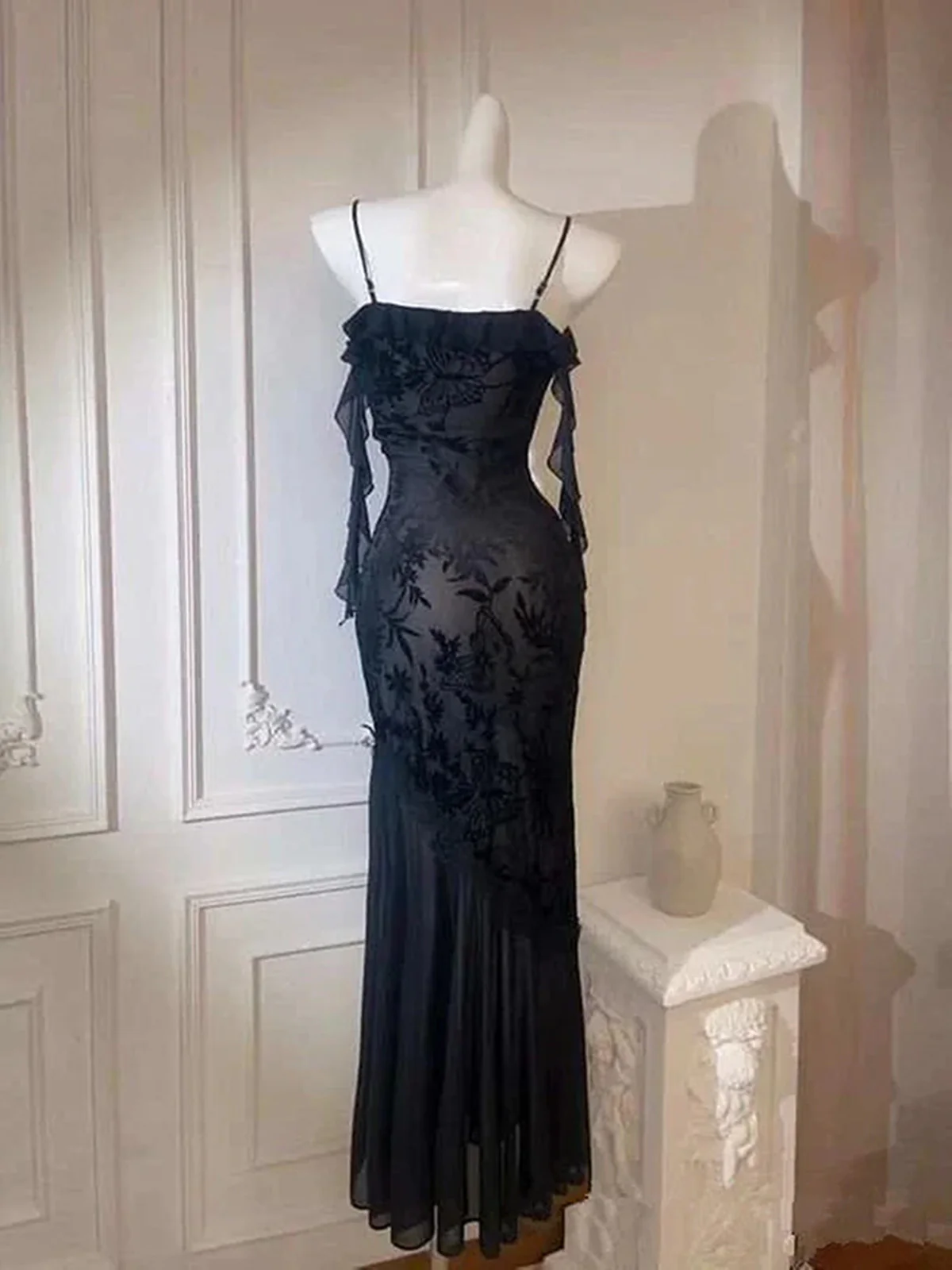 Black Lace Mermaid Maxi Dress Prom Dress, Gothic Lace Black Evening Dress fg8724