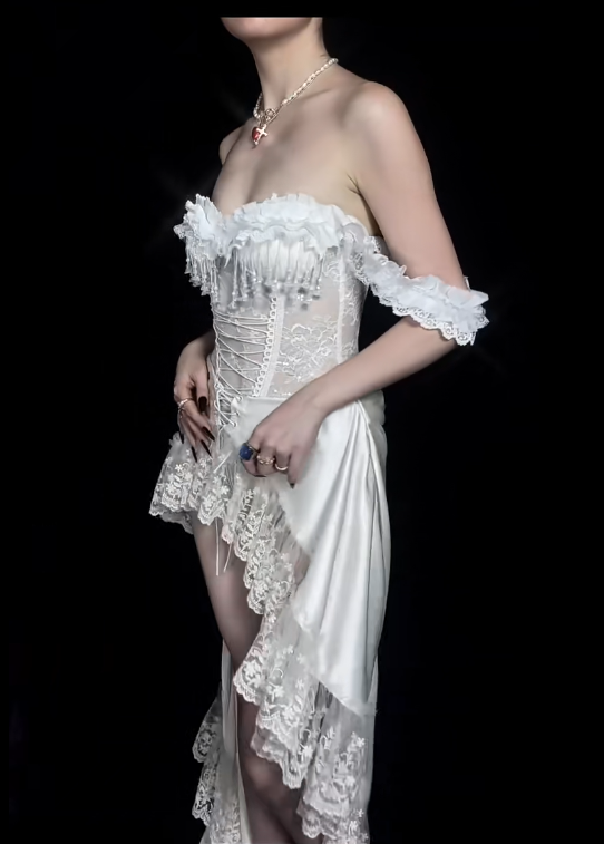 Off The Shoulder White Lace High Low Prom Dress Evening Party Dress fg8326