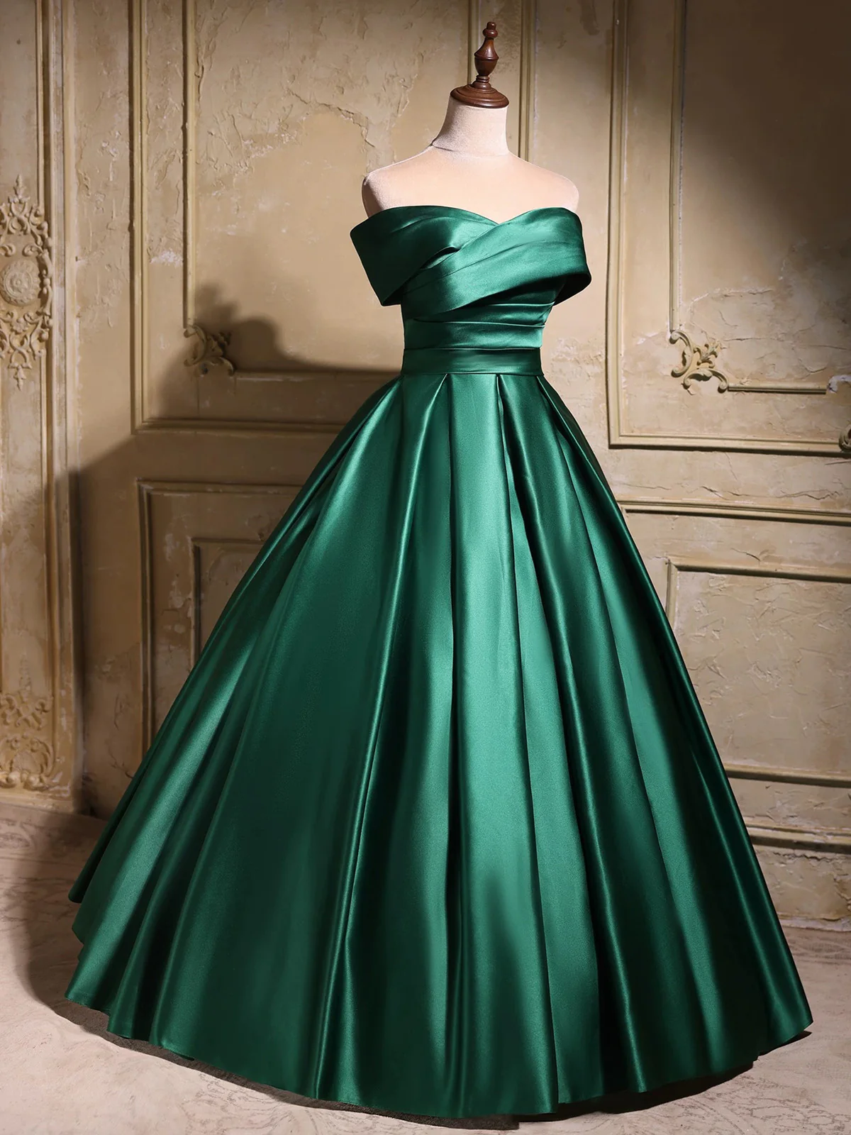 Elegant Emerald Green Satin Off-Shoulder Prom Dress, Long A-Line Formal Dress fg8742